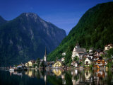 Village with Mountains and Lake, Hallstatt, Salzkammergut, Austria