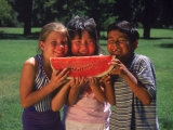 Children in Park Eating Watermelon Photographic Print
