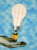Hand with Light Bulb Hot Air Balloon and Binary Code