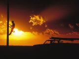 Worker Climbing a Telephone Pole at Sunset