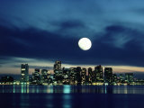 Boston Skyline Reflecting in Harbor with Full Moon
