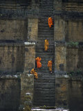 Monks Coming Down Stair, Cambodia