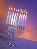 Silver Menorah with White Lighted Candles