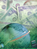 Globe with Money, Bills and Circuit Board