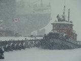 Buy A Tugboat and Freighter at Dock in a Snowstorm at AllPosters.com