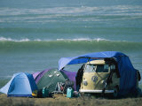Buy Campsite on Oceans Edge with Tents, Vw Camper and Surfer in a Chair at AllPosters.com