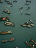 Container Ships in Hong Kong Harbor Waiting for Cargo to Be Loaded