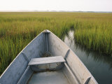The Bow of a Rowboat Slices Through the Marsh Grass