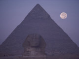 A View of the Great Sphinx with a Full Moon and the Great Pyramid in the Background