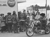 Hell's Angels Motorcycle Gang Members Hanging Out in a Parking Lot Photographic Print