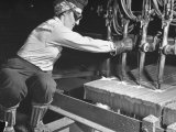 Female Steel Worker Operating Four Torch Machine to Cut Large Slab of Steel at Mill
