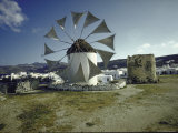 Windmills with Thatched Roofs and Canvas Sails on the Island of Mykonos in the Cyclades