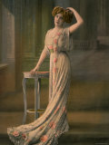 Woman Modeling Pale Green Robe du Soir with Pink Rose Appliques, Designed by Doeuillet