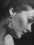 Model Wearing Long 3 1/4 Inch Faux Diamond Earrings Premium Photographic Print