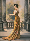 Woman Modeling Embroidered Rust Colored, Lace Trimmed Chiffon Ball Gown Designed by Doeuillet
