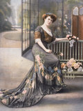 Woman Modeling Black Robe de Diner with Pink Rose and Lace Accents by Buzenet