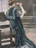 Woman Modeling Embroidered Green Velvet, Lace Trimmed Toilette de Visite Designed by Drecoll
