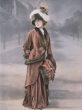 Woman Wearing Rust Velvet Afternoon Suit with Fur Trim and Muff Designed by Bernard