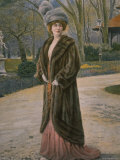 Woman in Park Wearing Sable Coat and Elaborate Chiffon and Feather Hat