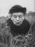 Mrs. Margaret Morse Nice Lying Flat in Grass to Study Nest of Baby Field Sparrows