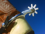 A Close-up of a Shiny Silver Spur on the Back of a Cowboy Boot