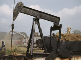 Buy Harvesters Thresh Fields Near a Working Oil Pump at AllPosters.com