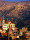Churches in Village with Mountains Behind, Bcharre, Lebanon