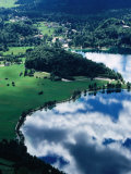 Cloud Reflecting in Eastern Lake Bohinj with Ribcev Laz in Background, Bohinj, Slovenia