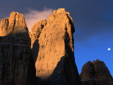 Moon Above Tre Cimo Di Lavaredo at Dawn, Dolomiti Di Sesto Natural Park, Trentino-Alto-Adige, Italy