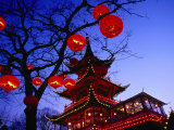Chinese Pagoda and Tree Lanterns in Tivoli Park, Copenhagen, Denmark