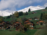Wooden Chalets on Slope with Snow-Capped Peaks in the Background, Rougemont, Switzerland