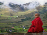 Monk and Farmlands in the Phobjikha Valley, Gangtey Village, Bhutan