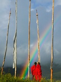 Rainbow and Monks with Praying Flags, Phobjikha Valley, Gangtey Village, Bhutan