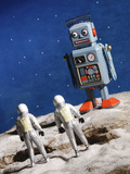 Buy Astronaut Figurines Standing Beside Gray Toy Rocket at AllPosters.com