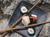 Buy Sushi and Chopsticks Beside Rushing Water at AllPosters.com
