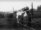 Buy Two Children Stand on a Fence and Wave a Handkerchief at a Passing Steam Train at AllPosters.com