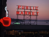 Neon Sign of Coffee Cup at Pike Place Market, Seattle, Washington, USA