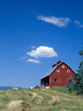 Red Barn with Rolled Hay Bales, Potlatch, Idaho, USA