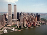 The Twin Towers of the World Trade Center Rise Above the New York Skyline