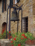 Bronze Bell, Geraniums and Farmhouse, Tuscany, Italy