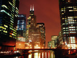 Chicago River and Downtown Buildings at Night, Chicago, United States of America