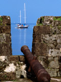 Buy Cannon at Ruins of San Jeronimo Fort (1753), Yacht in Background, Portobelo, Panama at AllPosters.com
