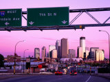 Buy Traffic Signs Over Highway with City Skyline Beyond at Dusk, Minneapolis, United States of America at AllPosters.com