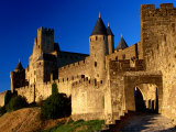 Tourists Enter Medieval Walled City at Sundown Via Porte D'Aude, Carcassonne, France