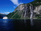 Cruise Ship Passing Seven Sisters Waterfalls, Geirangerfjord, Geiranger, Norway