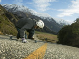 Buy Man Going Down Hill on Longboard Skate, Treble Cone, Wanaka, New Zealand at AllPosters.com