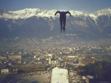 Skier Taking Off from the Bergisel Jump Hangs During Innsbruck Winter Olympics Competition
