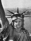 Sightseers Hanging Out Windows in Crown of Statue of Liberty with NJ Shore in the Background