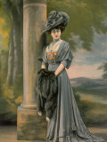 Silver Gray Robe de Visites with Coral and Lace Accents by Buzenet, Fur Stole and Wearing Large Hat