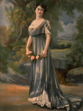 Dark Haired Woman Modeling a Blue Chiffon Robe Designed by Redfern